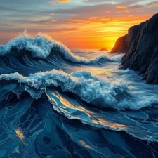 Digital picture ocean waves with sunset  PNG printable file