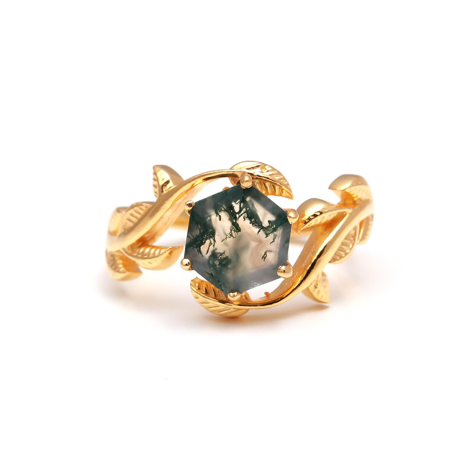 Natural Moss Agate Gold Plated 925 Sterling Silver Ring Custom Sizes