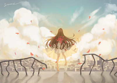 Anime Girls Dress Petals Long Hair Sky Clouds  Gaming Mat Desk 4247