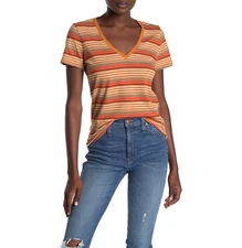 MADEWELL WOMEN'S ORANGE MULTI SHORT SLEEVE STRIPED COTTON V-NECK TOP Sz M