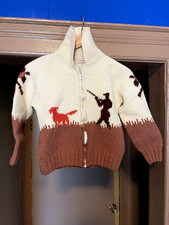 VTG 50s Mary Maxim Cowichan Sweater BOYS Medium Hand Knit Hunting Dog Wool Youth