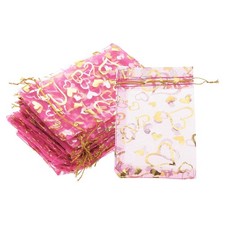 50 Pcs Sachets En Organza Imprimés Coeur Transparent Avec Cordon, Rouge Rose