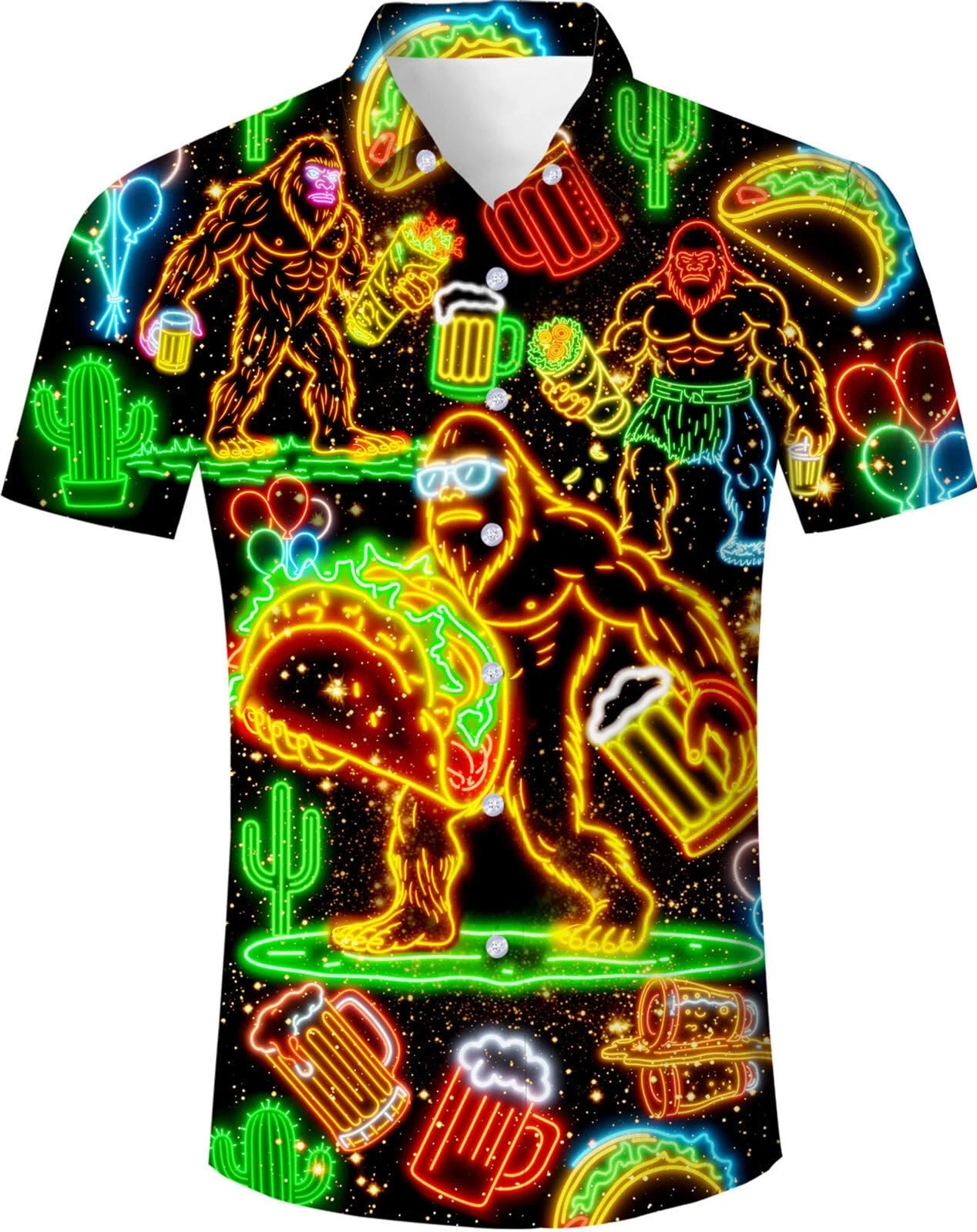 Mens Hawaiian Button Down Short Sleeve Funny Summer Bigfoot Taco Pancake Beac...