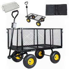4-in-1 Steel Dump Garden Cart, 880lbs Pullable Mesh Metal Cart for Lawn Patio