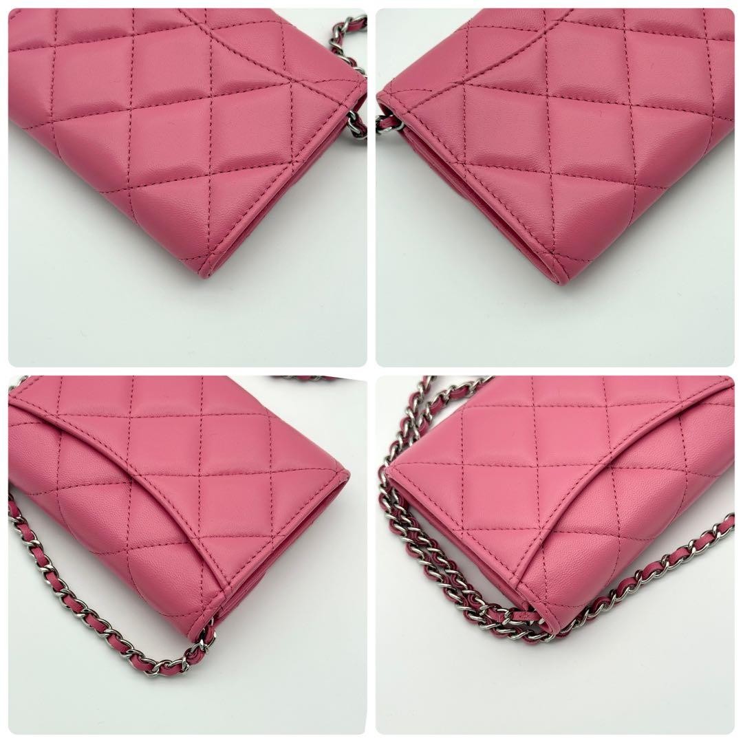 CHANEL Lambskin Mini Chain Wallet Matelasse Pink Silver Hardware — image 8