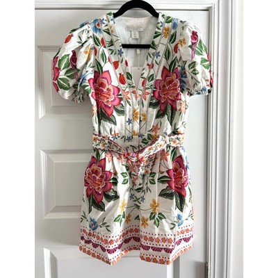 Caroline Constas Floral Linen Blend Romper Beaded Belt Puff Sleeve White Multi 2