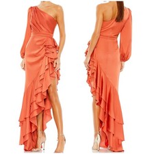 Mac Duggal NWT One Sleeve Cut Out Asymmetrical Ruffled Gown Orange Size 14 Satin