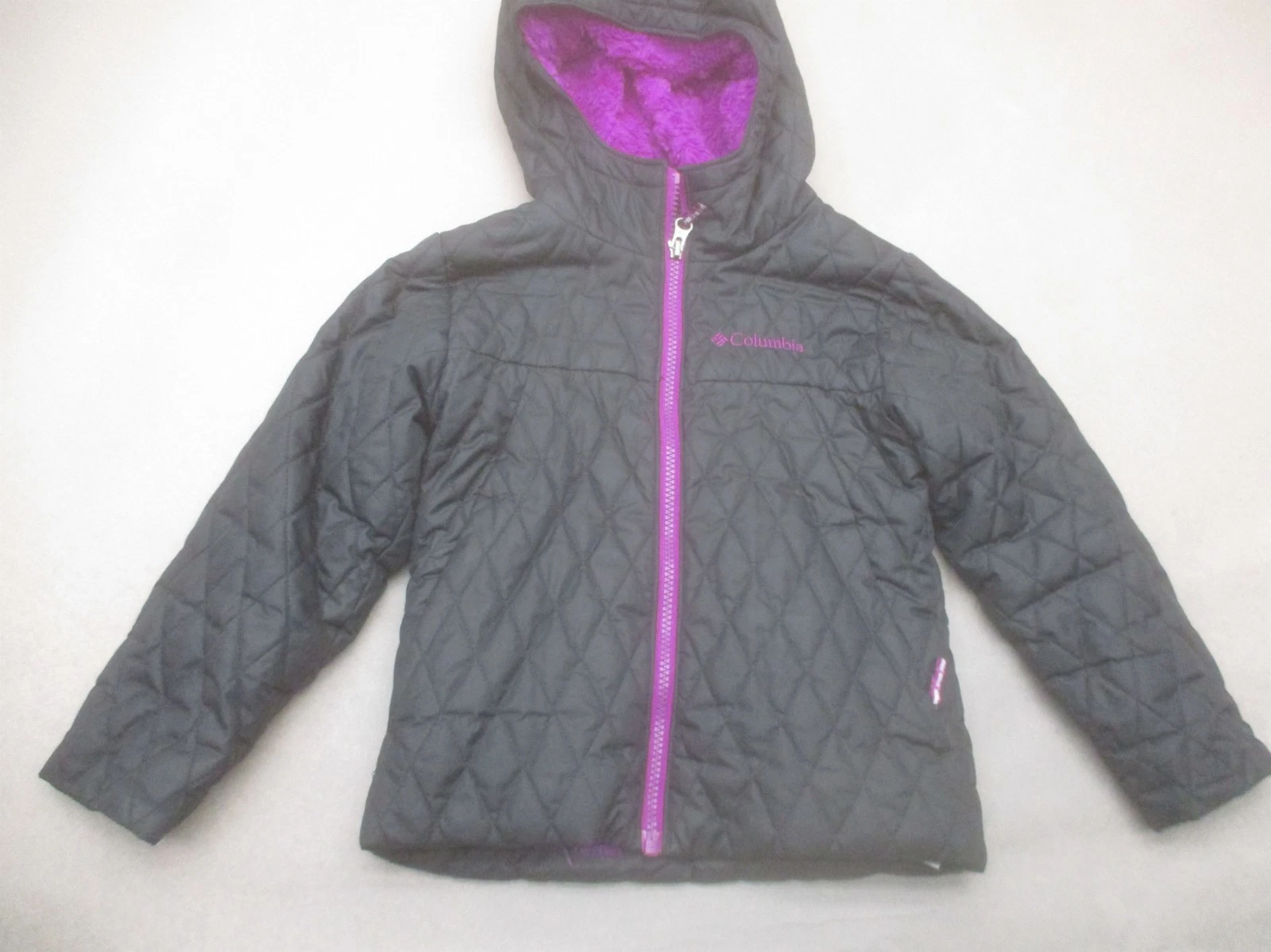 Columbia Size XXS Kids Black Hooded Full Zip Pockets Quilted Fur Jacket 607