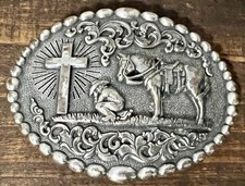 Nocona Belt Buckle Praying Kneeling Cowboy At The Cross With Horse Western