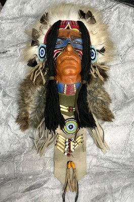 Indianer Gesicht und Natur Federn Maske Wandbehang Vintage groß