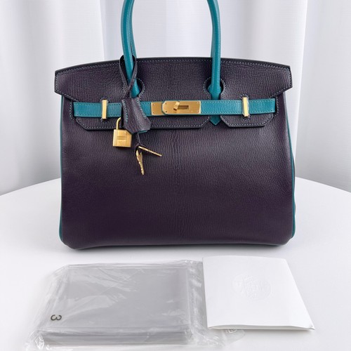 Hermes Birkin 30 Medium Dark Purple GHW Calfskin Leather Tote Bag Flap Auth