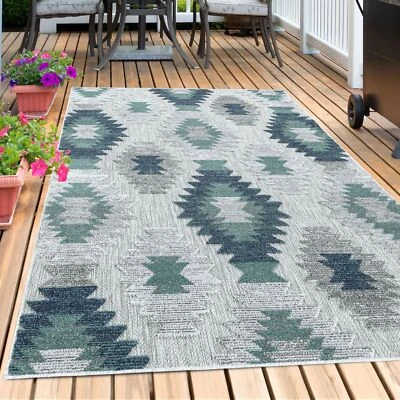 Outdoor Teppich Blau Kelim Berber Design Wetterfest für Balkon, Garten, Terasse - Bild 1 von 4