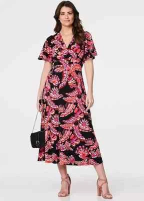 Izabel London Schwarzes Maxikleid Mit Blumenprint Mit Engelsärmeln UK 10 - Bild 1 von 3
