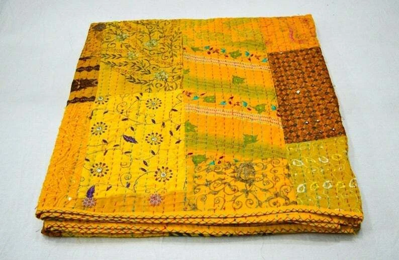 New Silk Patola Kantha Quilt Indian Patchwork Bedspread Twin/ King Throw Yellow - Image 2 of 4