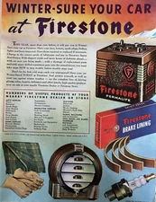1943 Firestone Car Parts Winter Battery Brake Lining Vintage Print Ad