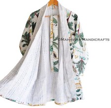 women winter wear Jungle Print white Indian 100 cotton kantha mid length Jacket