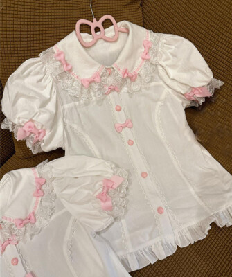 Lolita Girls Sweet Short Sleeve Tops Blouse Bow Lace Japanese School Cute Shirts
