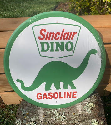 #ad Sinclair Dino Gasoline Round Metal Sign Tin Vintage Garage Auto Shop Oil $19.95