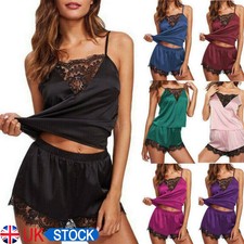 Women Ladies Satin Silk Lace Cami Vest Shorts Lingerie Pyjamas Set Sleepwear UK