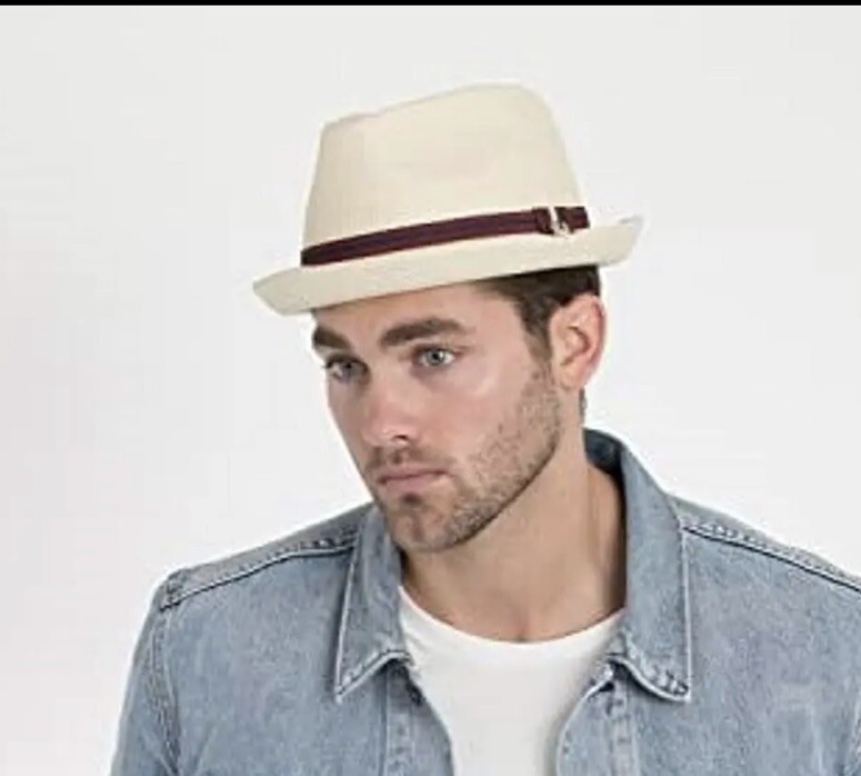 Peter Grimm Depp Natural Straw Fedora Hat Cream/burgundy Band Wire Brim  L/XL