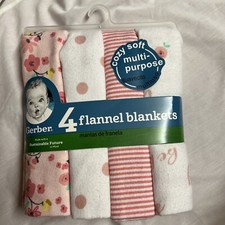 Gerber Baby Girl 4-Pack Cotton Flannel Blankets, Floral Pink Dots Strips 30  X30  