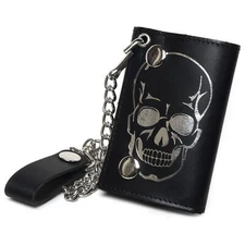 Leatherboss Genuine Leather Men Cool Skull Trifold Wallet Chain Biker, Black