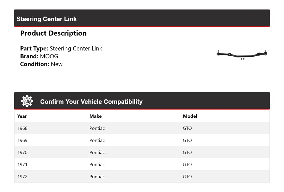 Enlace central de dirección para Pontiac GTO 1968-1972 MOOG 1968 1969 1970 1971 1972 Foto 2 de 4