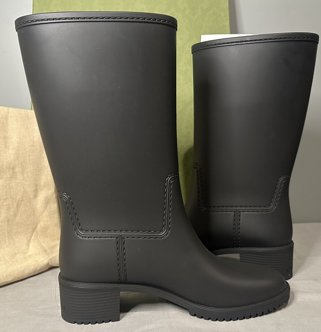 Gucci Double G Rubber Rain Boots Black Women's Sz 39 (US 9