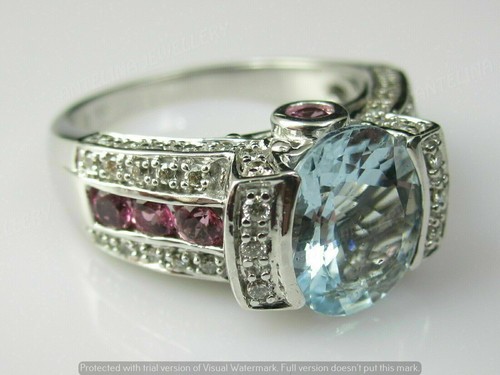 2 Ct Oval Cut Aquamarine Red Ruby Engagement Ring 925 Silver Gold Plated - Picture 4 of 12