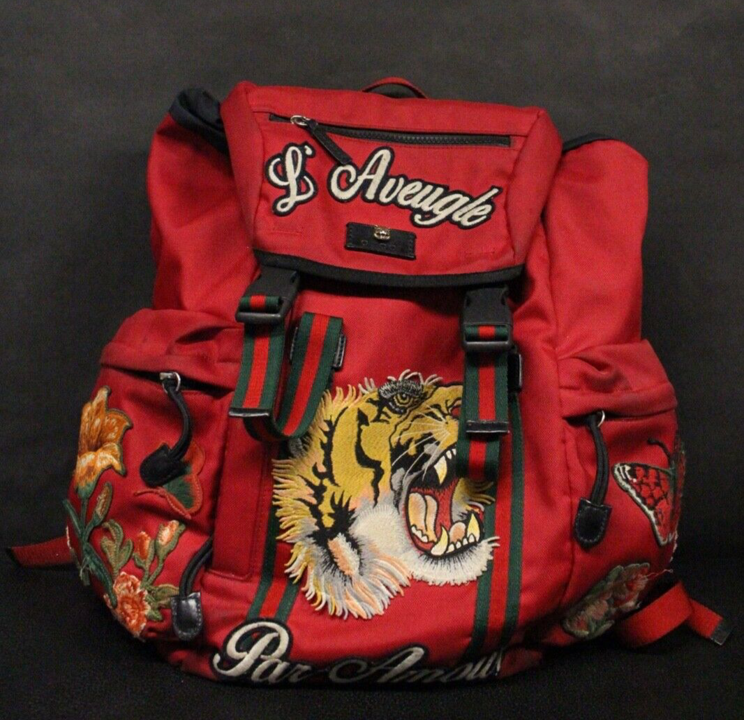 GUCCI Blind For Love Backpack Tiger Floral Embroidered Red