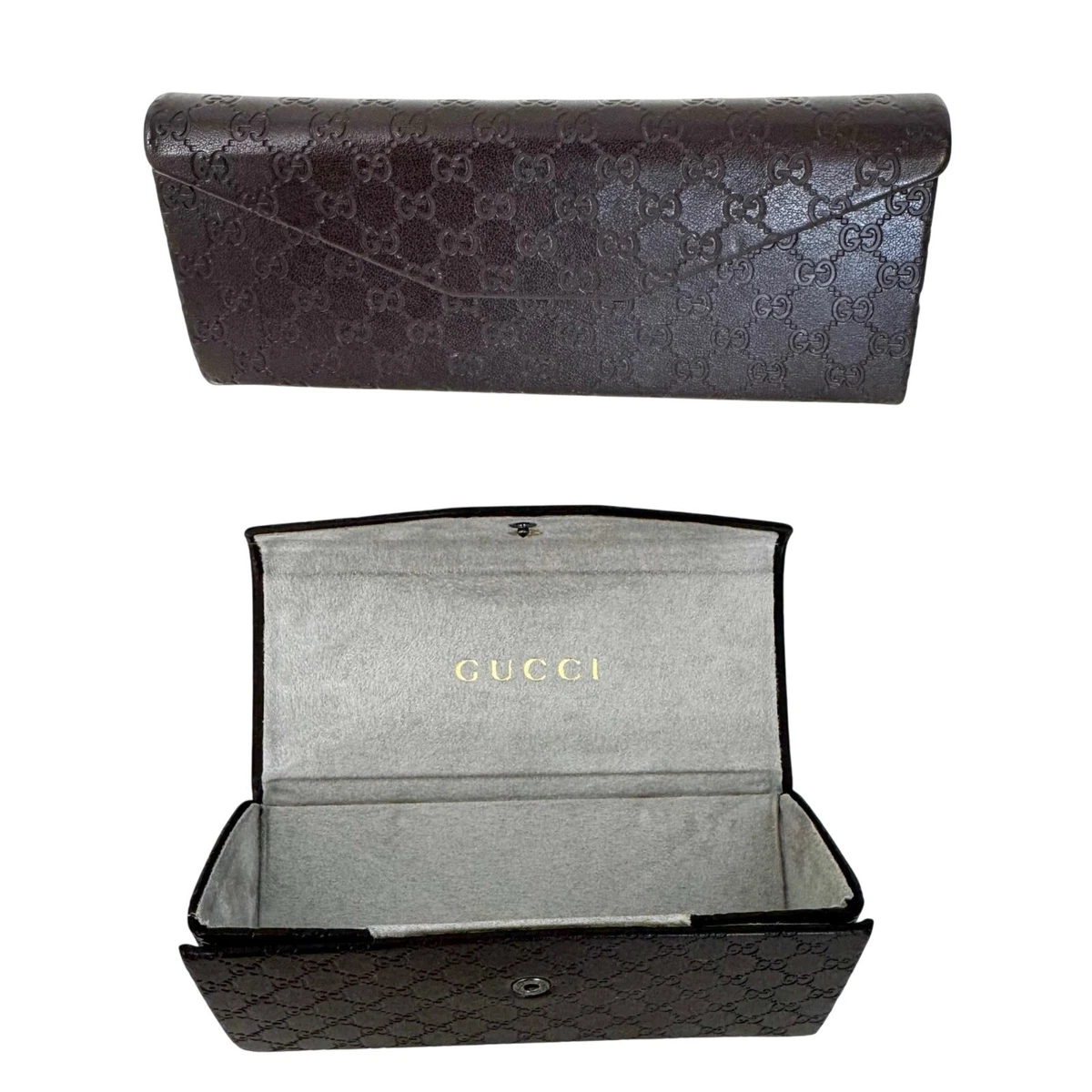 Gucci Leather GG Monogram Foldable Triangle Sunglasses Hard Case Dark Brown Gucci Collapsible Trifold GG Authentic Brown Leather Case  main image 2