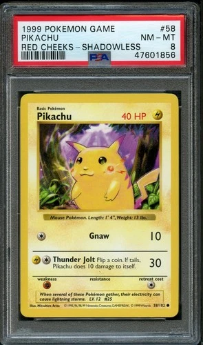 Pokemon TCG - Pikachu Red Cheeks 58/102 Base Set Shadowless PSA 8 Near Mint