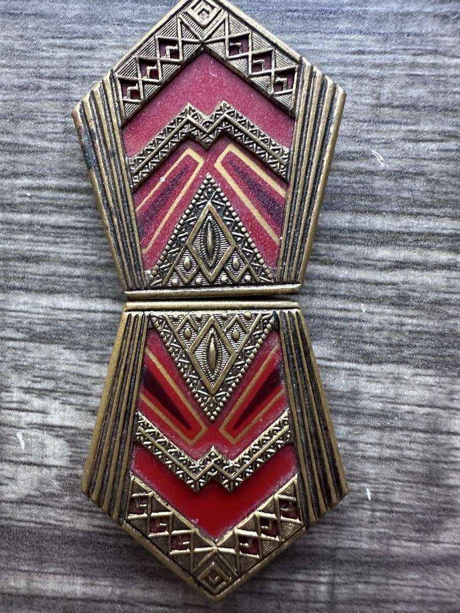 Vintage Czech Art Deco Belt Buckle Clasp Red Enamel Brass  display picture 2