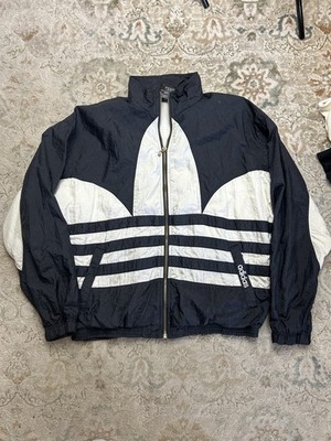 Vintage Adidas Trefoil Big Logo Track Jacket Fleece Double Sided 90s 80s Sz L