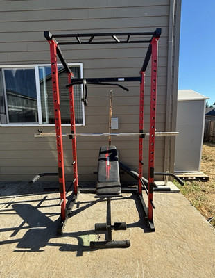 MaxKare Steel Power Rack Cage w/ Pull-Up Bar & Adjustable Bench 1000lb Red