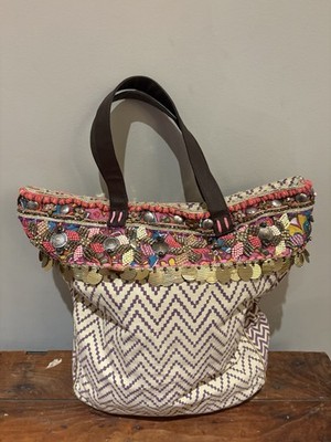 Anthropologie Jasper & Jeera Beaded Boho Tote Bag -Chevron Canvas Leather Straps