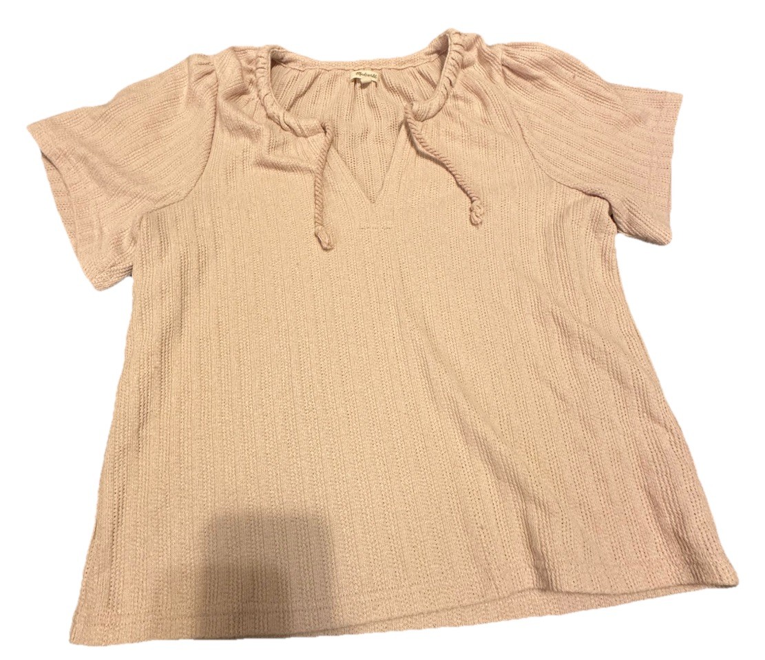 Madewell Women's Pointelle Knit Tie Neck Tunic Top Shirt Short Sleeve Size Small