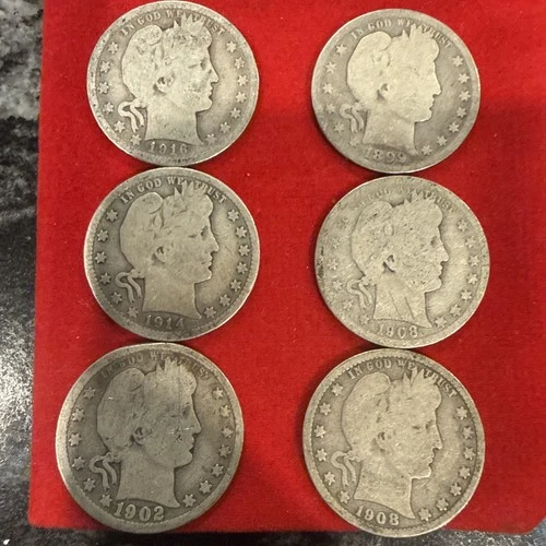(6) 1899-1916 Barber Quarter Raw Silver Coins 25c Lot. Visible Dates.
