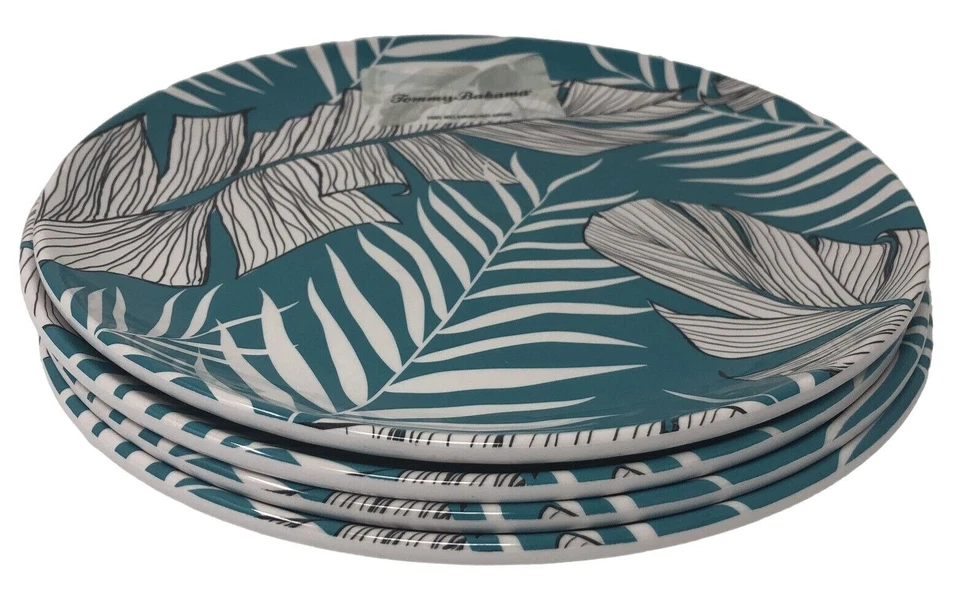 Tommy Bahama Salad Dessert Plates Teal Tropical Leaves Melamine Set of 4 - Изображение 2 из 3