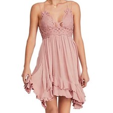 FREE PEOPLE Adella Slip dress ipink tiered ruffle hem crochet lace top NWT Sz S