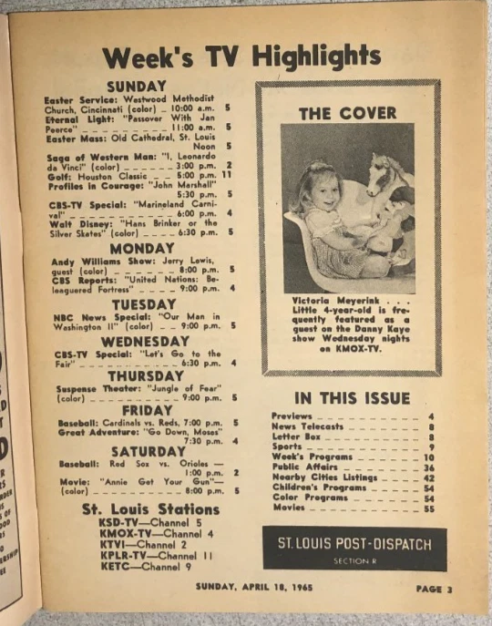 TV MAGAZINE St. Louis (MO) Post-Dispatch April 18 1965 Victoria Meyerink cover - Image 2 of 4