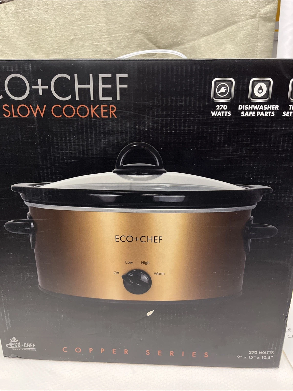 ECO+CHEF Copper Slow Cooker 5 Qt 3 Heat Settings Non Slip Base With Glass Lid