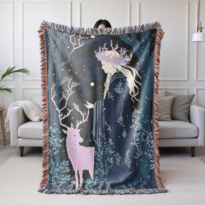 Mystic Elven Forest Woven Blanket Fantasy Deer Tapestry Throw Enchanted Decor
