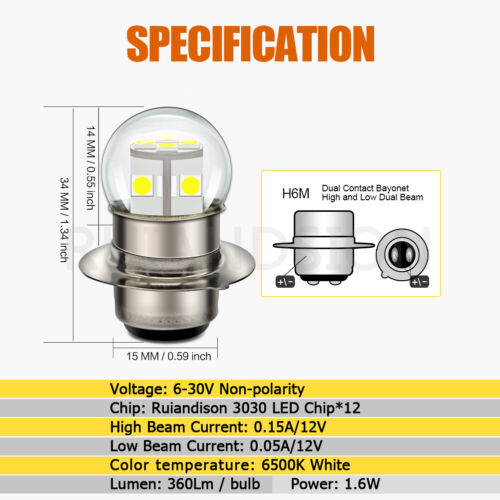 Ruiandsion H6M Ampoule LED P15D Moto Phare 6V 12V 24V Blanc Blanc Chaud - Picture 2 of 10