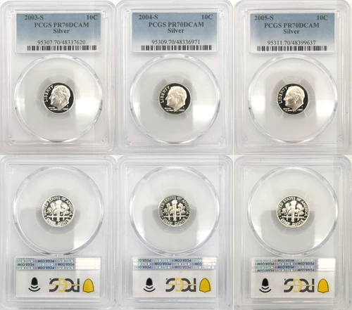 2003-2005 S 3 Coin SILVER Roosevelt Dime PCGS Proof 70 DCAM Coin Set