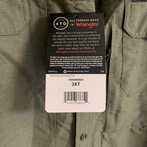 Camicia da uomo Wrangler ATG All Terrain Gear verde con bottoni nuova con etichette taglia 3XT - Foto 7 di 10