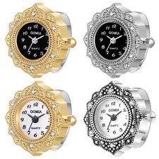 Women's Ring Watch Quartz Analog Carved Rhinestone Case Finger Adjustable Watch