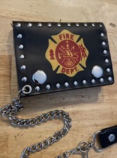 Firefighter Leather Wallet Chain Fire Chief Department Biker Thin Red Line GIFT