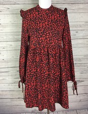 Shein Women Red Black Animal Print Long Sleeve Ruffle Trim Babydoll Dress Size S