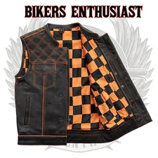 Men's Leather Vest Orange Checker & Orange Thread Concealed Waistcoat